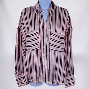 Free People Stripe Button Down Shirt Blouse Top long sleeve red black medium NWT